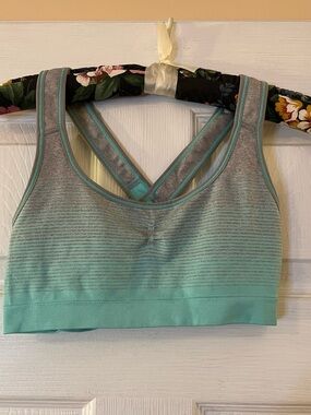 aerie Aqua Green Gray Seamless Striped Sports Bra Cross-back Yoga Hiking